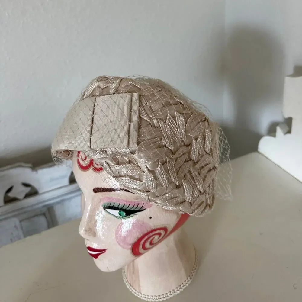 Sears Millinery Vintage 1950s Ivory Pillbox Hat with Net Veil Bow Detail